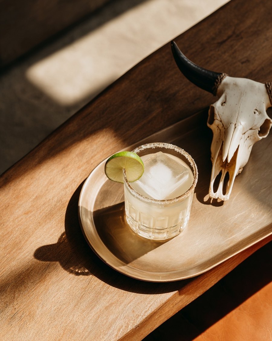 A barrel-aged tequila cocktail served on a tray with a longhorn skull