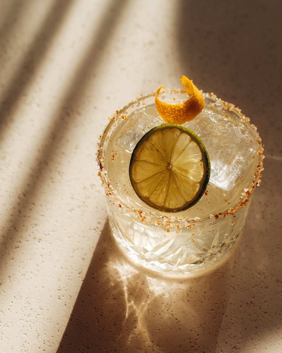 A salt-rimmed mezcal cocktail with a flamed orange