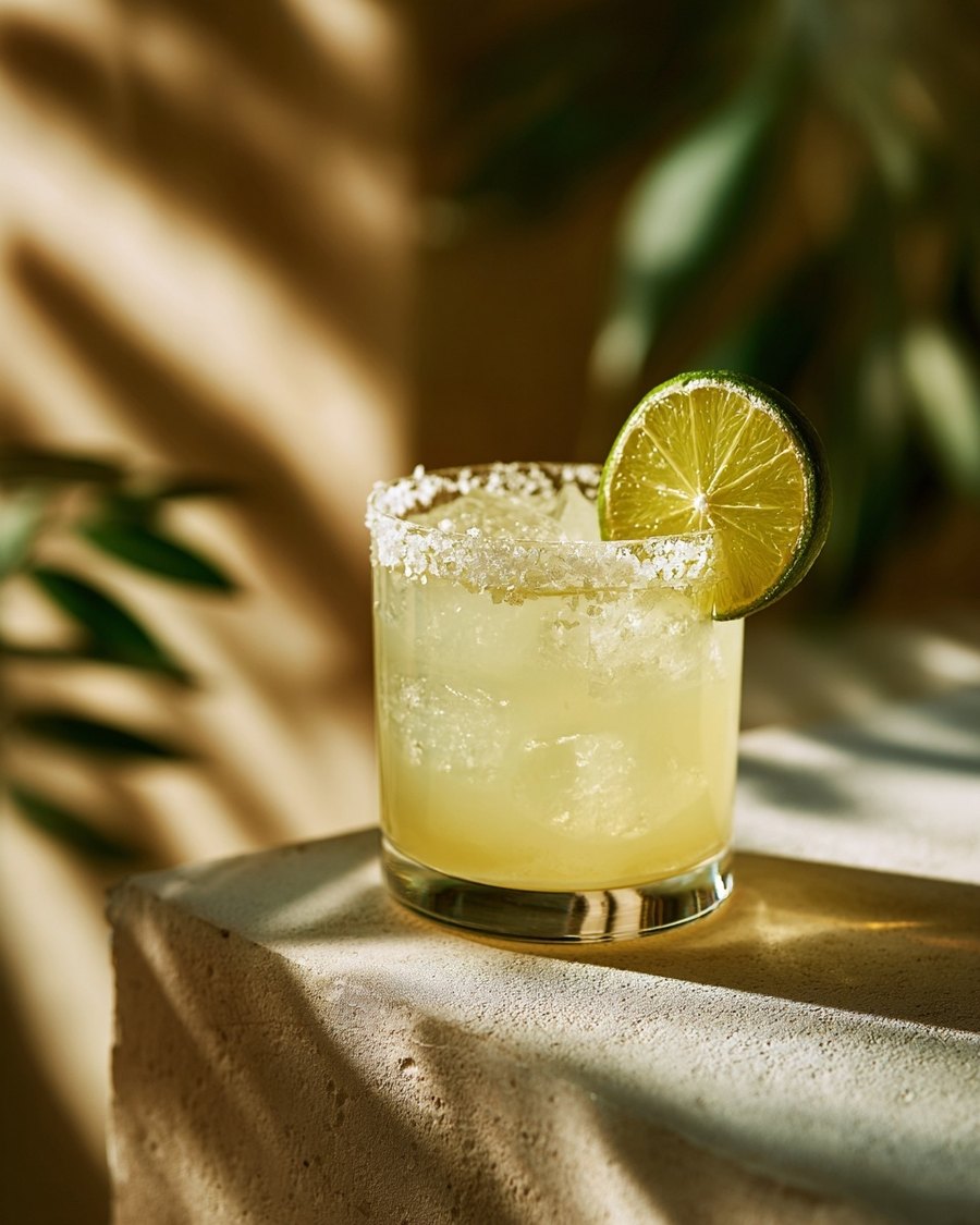 A salt-rimmed margarita with lime in dappled light