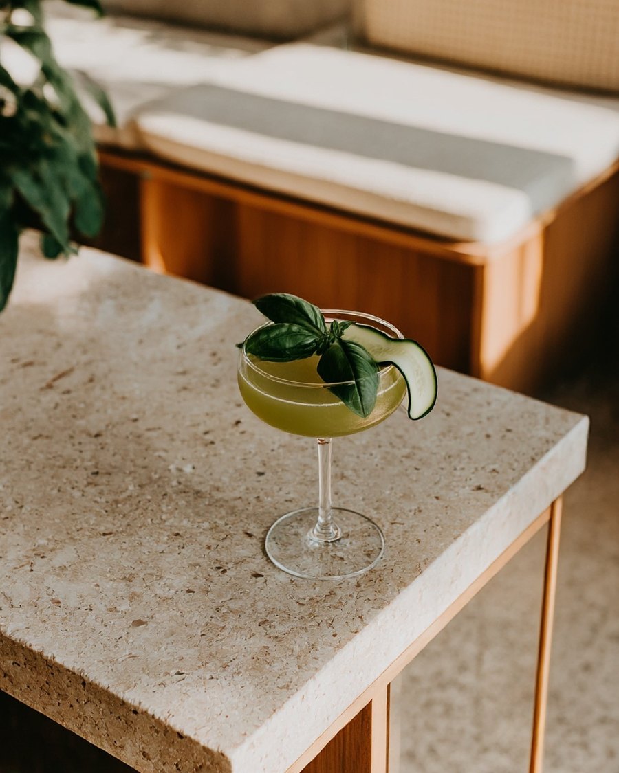 A cucumber and basil cocktail served up in a coupe