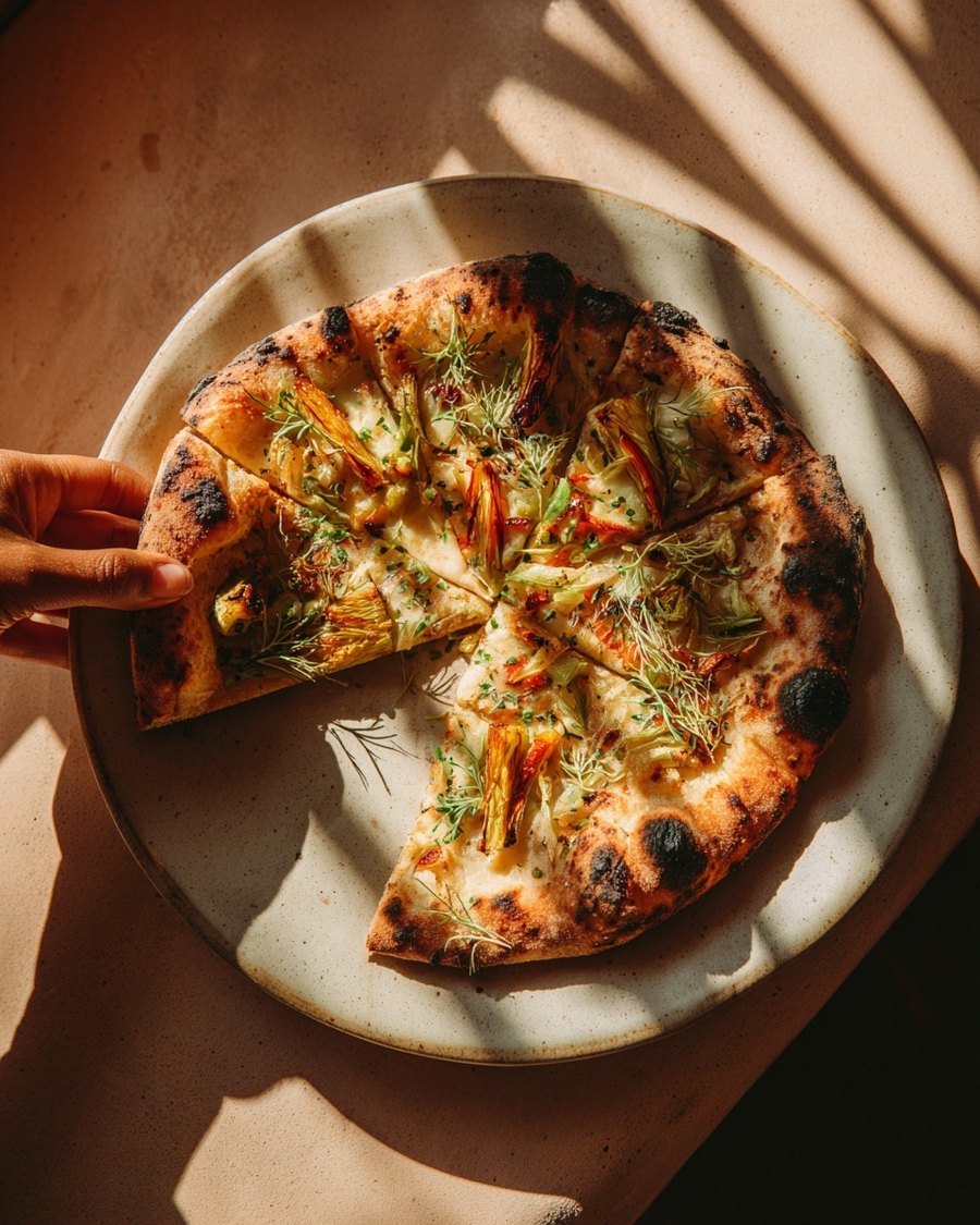 Wood-fired flatbread with charred tomato and herbs